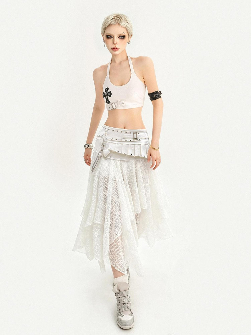 Nico Molly White Lace Asymmetric Layered Back Zipper A Line Women's Midi Skirts