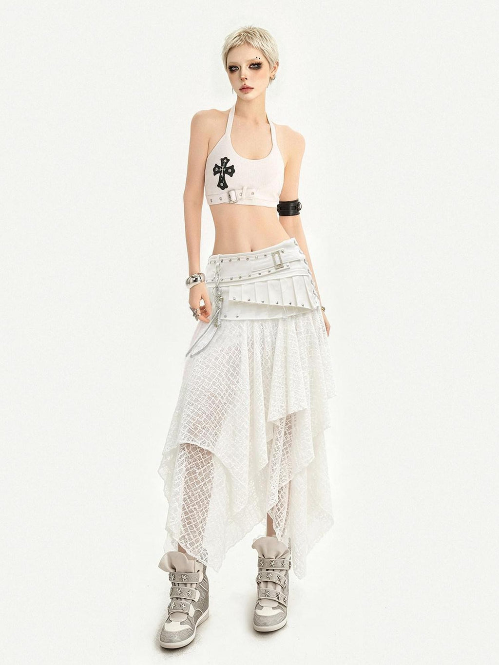 Nico Molly White Lace Asymmetric Layered Back Zipper A Line Women's Midi Skirts