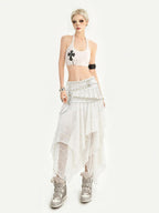 Nico Molly White Lace Asymmetric Layered Back Zipper A Line Women's Midi Skirts