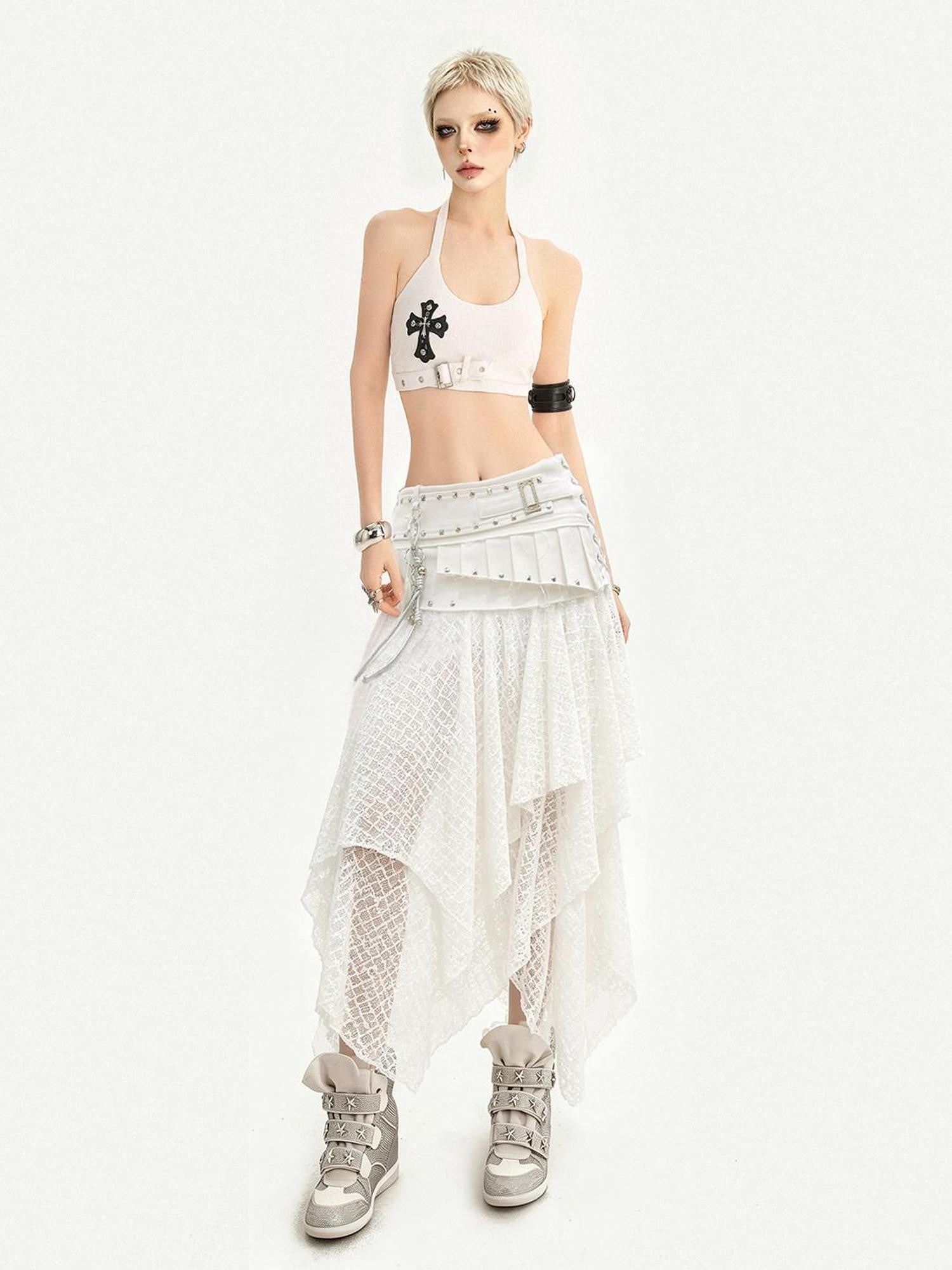 Nico Molly White Lace Asymmetric Layered Back Zipper A Line Women's Midi Skirts
