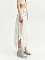 Nico Molly White Lace Asymmetric Layered Back Zipper A Line Women's Midi Skirts