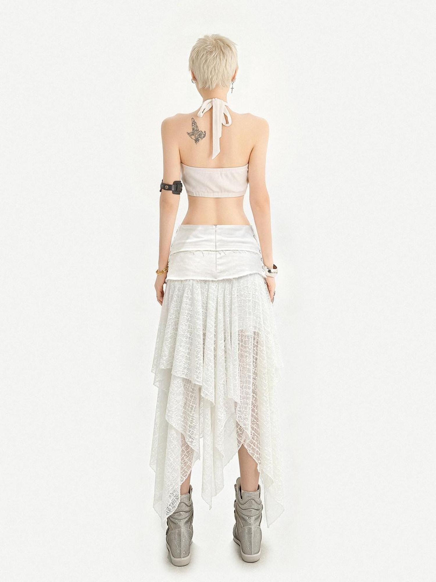 Nico Molly White Lace Asymmetric Layered Back Zipper A Line Women's Midi Skirts