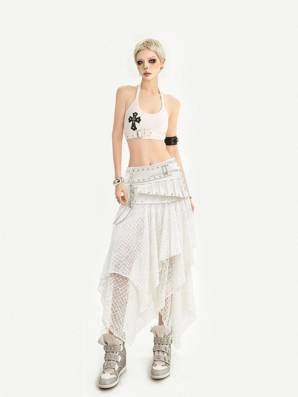 Nico Molly White Lace Asymmetric Layered Back Zipper A Line Women's Midi Skirts