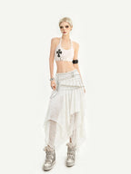 Nico Molly White Lace Asymmetric Layered Back Zipper A Line Women's Midi Skirts