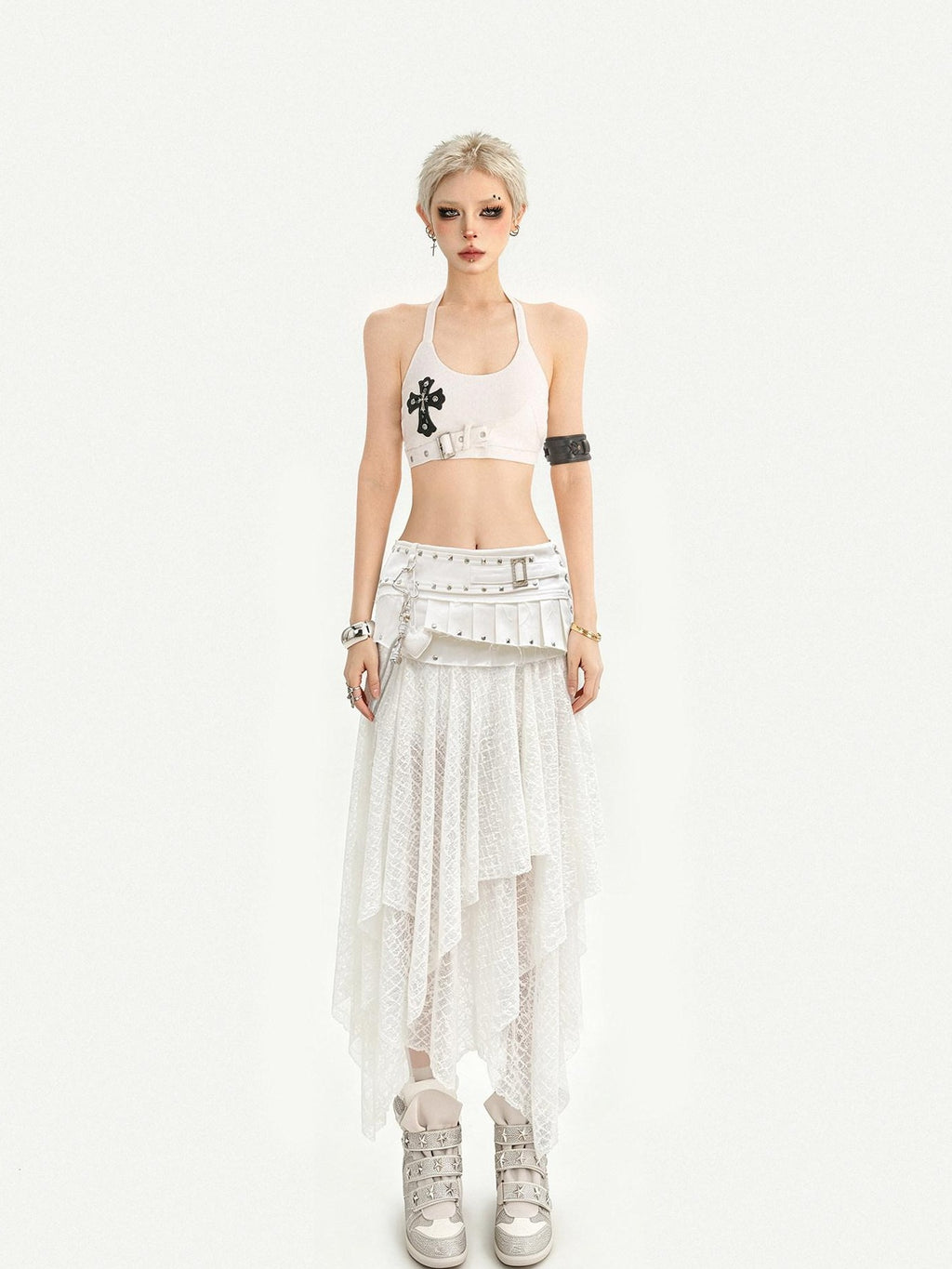 Nico Molly White Lace Asymmetric Layered Back Zipper A Line Women's Midi Skirts