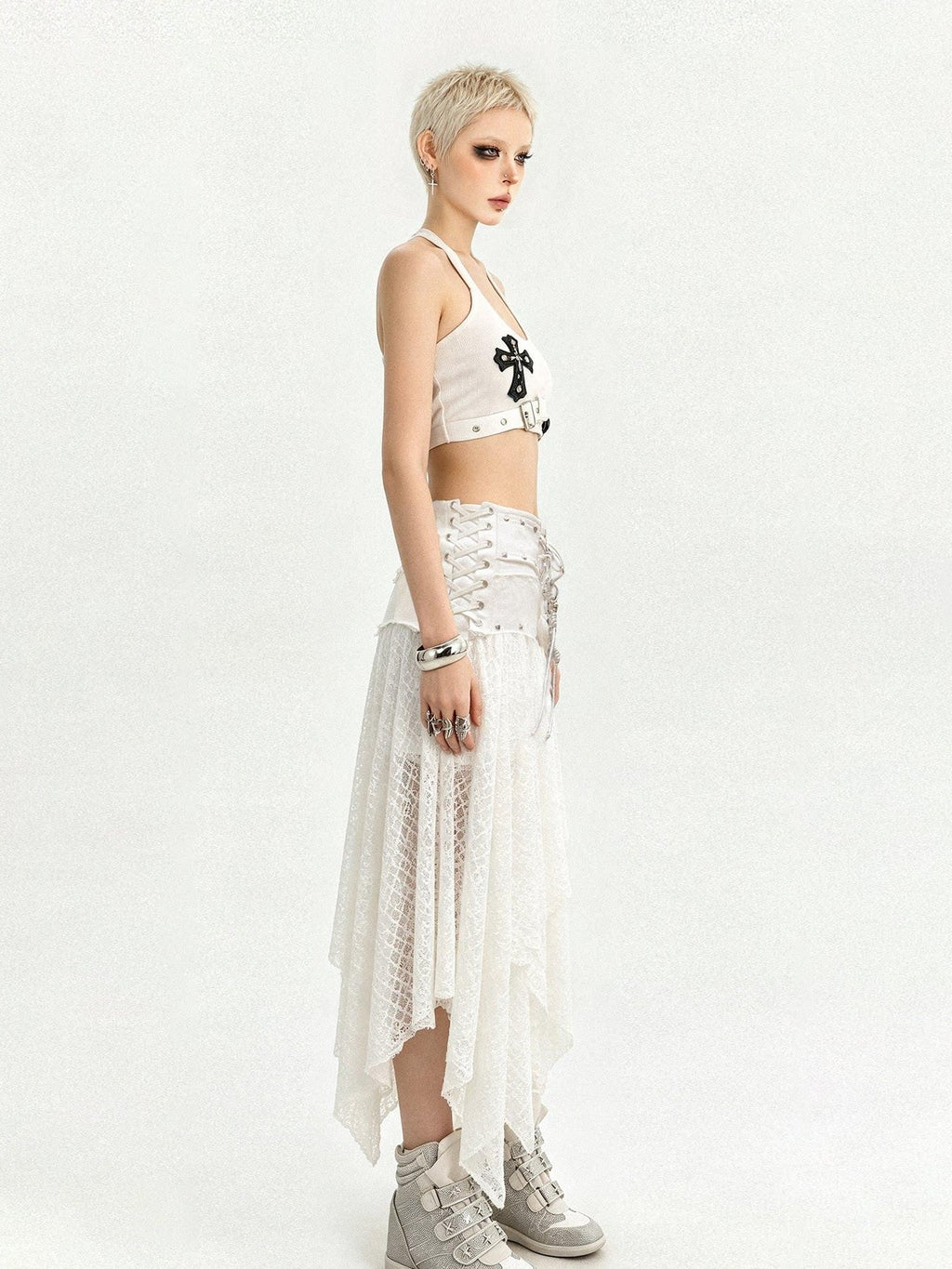 Nico Molly White Lace Asymmetric Layered Back Zipper A Line Women's Midi Skirts
