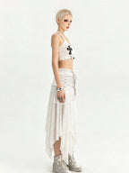 Nico Molly White Lace Asymmetric Layered Back Zipper A Line Women's Midi Skirts