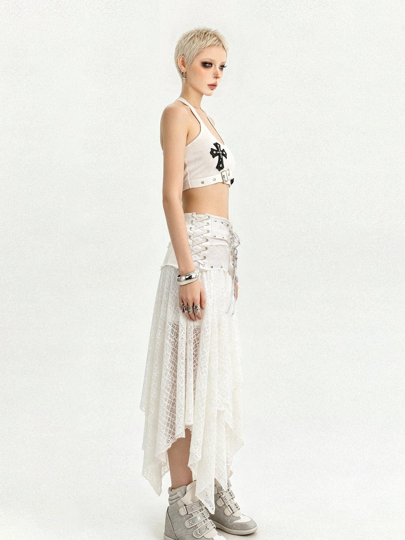 Nico Molly White Lace Asymmetric Layered Back Zipper A Line Women's Midi Skirts
