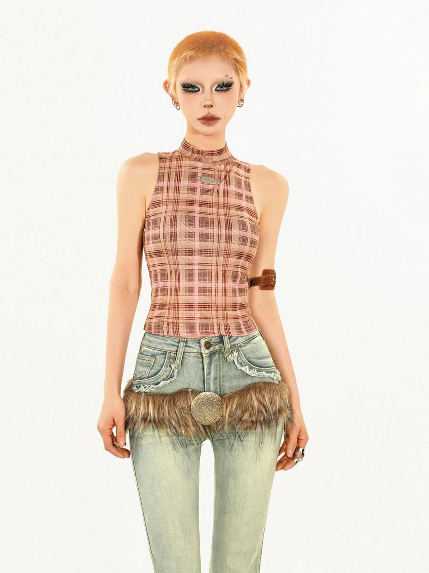Nico Molly Y2k Retro Asymmetric Plaid Slim Fit Street Women's Tank Tops