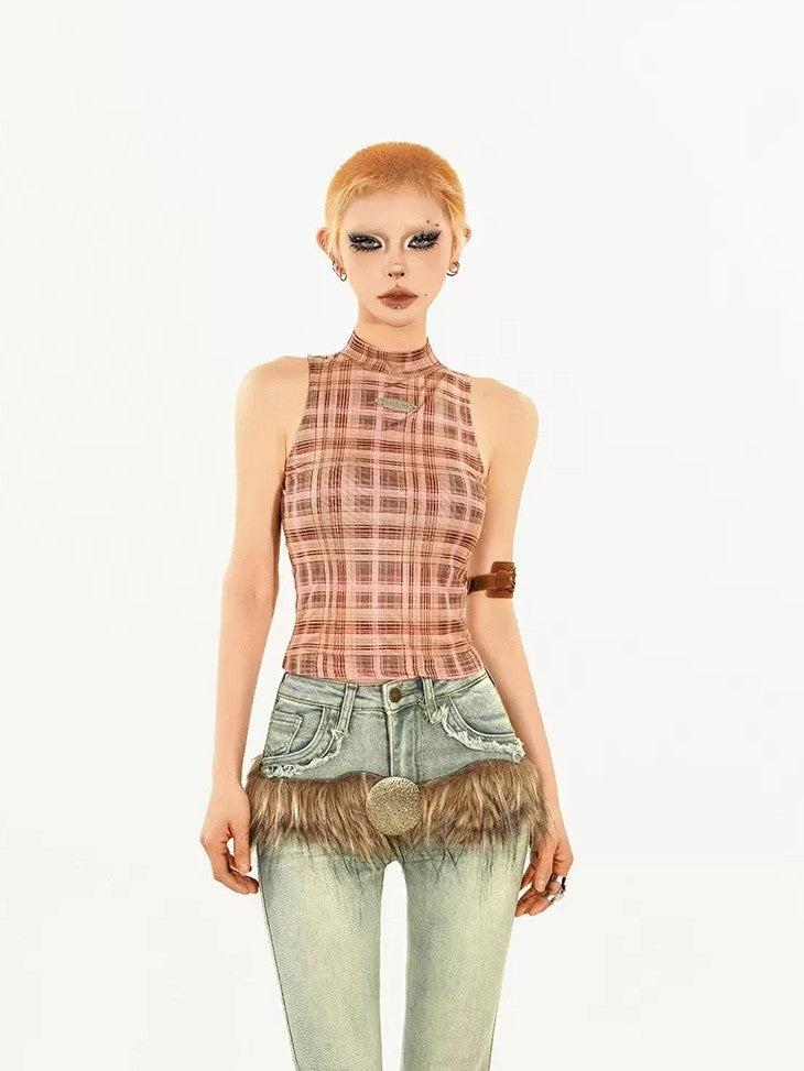 Nico Molly Y2k Retro Asymmetric Plaid Slim Fit Street Women's Tank Tops