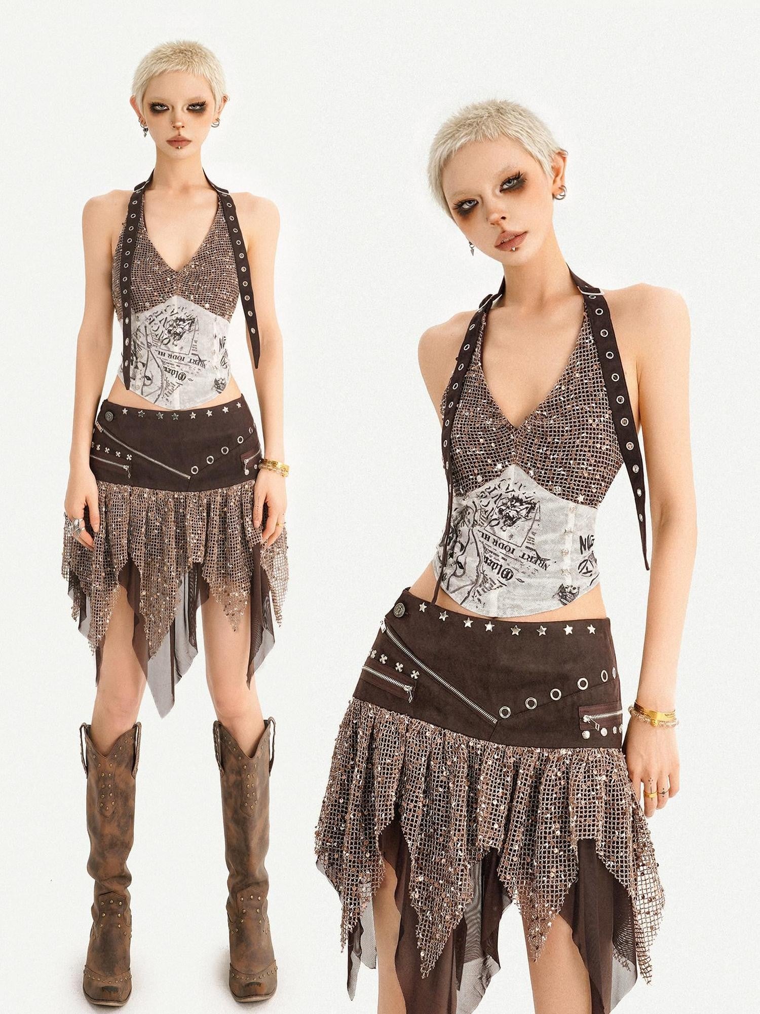 Nico Molly Y2k Studded Halter Crop Tassel Asymmetrical Print Women's Camel Top & Skirt Sets