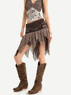 Nico Molly Y2k Studded Halter Crop Tassel Asymmetrical Print Women's Camel Top & Skirt Sets