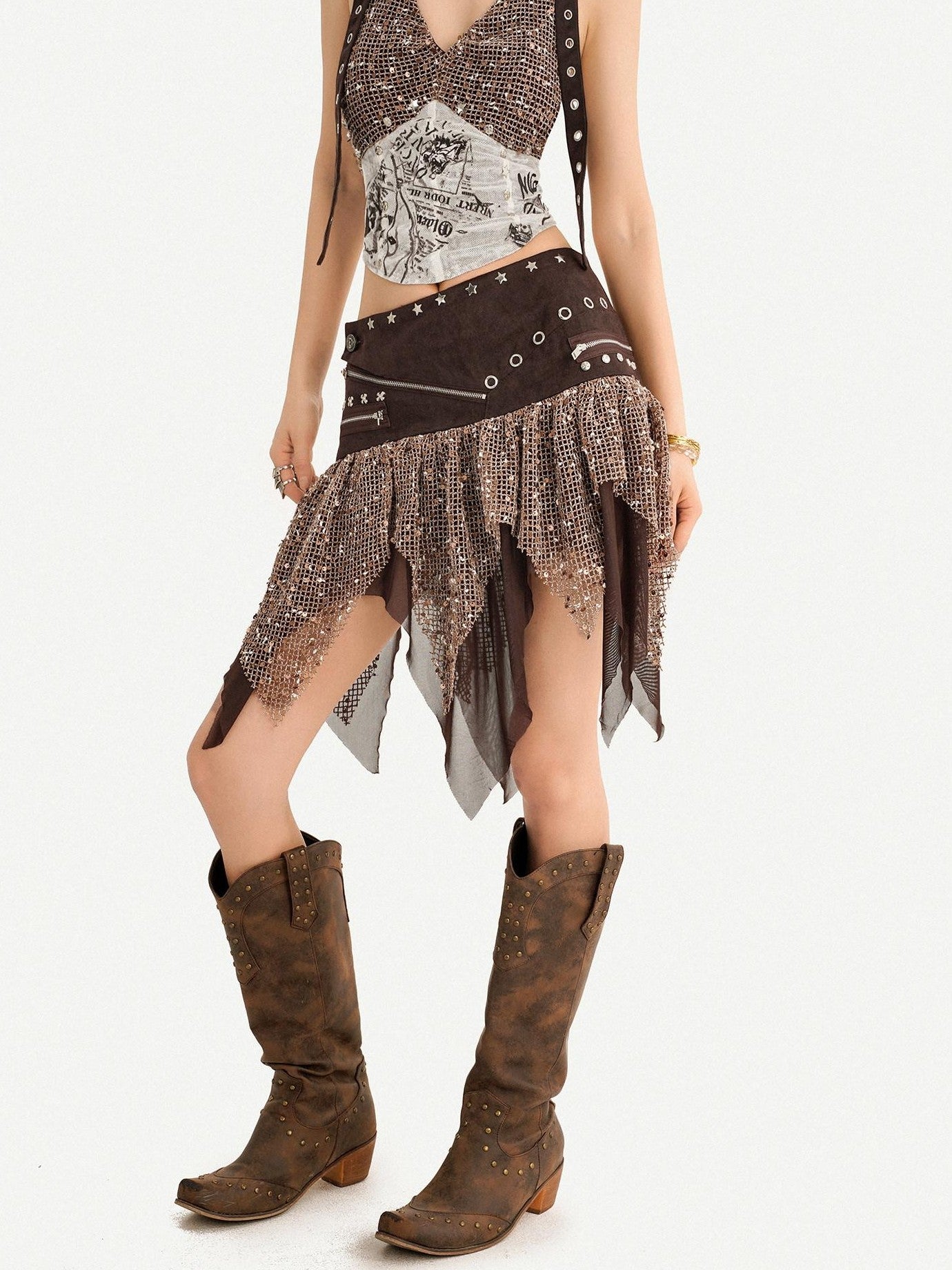 Nico Molly Y2k Studded Halter Crop Tassel Asymmetrical Print Women's Camel Top & Skirt Sets