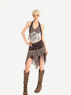 Nico Molly Y2k Studded Halter Crop Tassel Asymmetrical Print Women's Camel Top & Skirt Sets