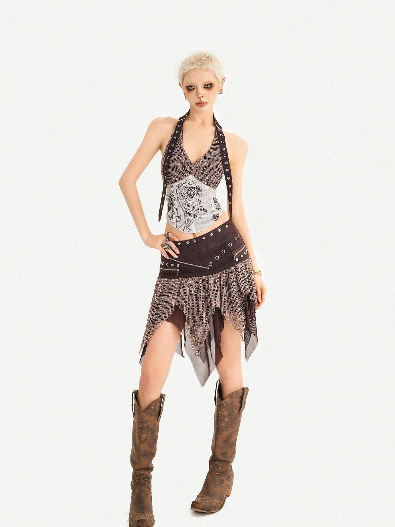 Nico Molly Y2k Studded Halter Crop Tassel Asymmetrical Print Women's Camel Top & Skirt Sets
