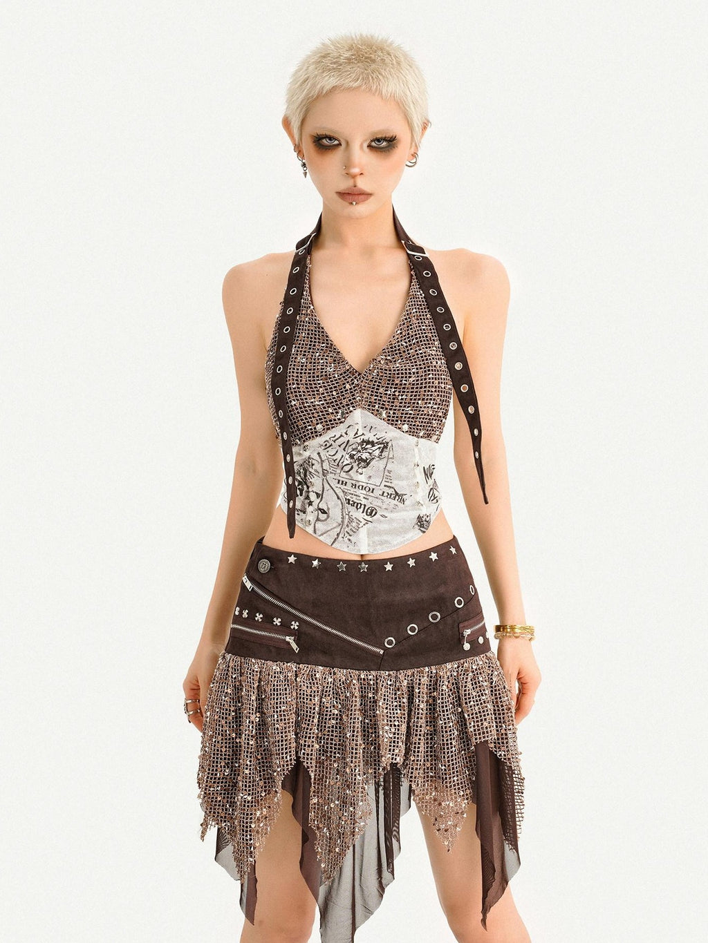 Nico Molly Y2k Studded Halter Crop Tassel Asymmetrical Print Women's Camel Top & Skirt Sets