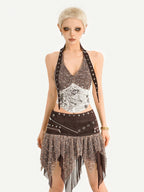 Nico Molly Y2k Studded Halter Crop Tassel Asymmetrical Print Women's Camel Top & Skirt Sets