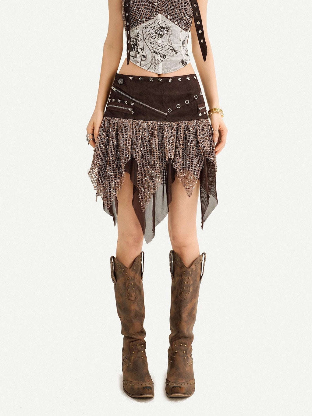 Nico Molly Y2k Studded Halter Crop Tassel Asymmetrical Print Women's Camel Top & Skirt Sets
