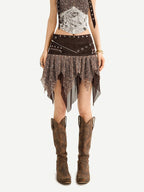 Nico Molly Y2k Studded Halter Crop Tassel Asymmetrical Print Women's Camel Top & Skirt Sets