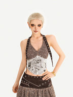 Nico Molly Y2k Studded Halter Crop Tassel Asymmetrical Print Women's Camel Top & Skirt Sets