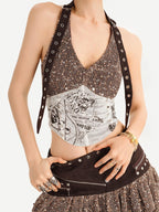 Nico Molly Y2k Studded Halter Crop Tassel Asymmetrical Print Women's Camel Top & Skirt Sets