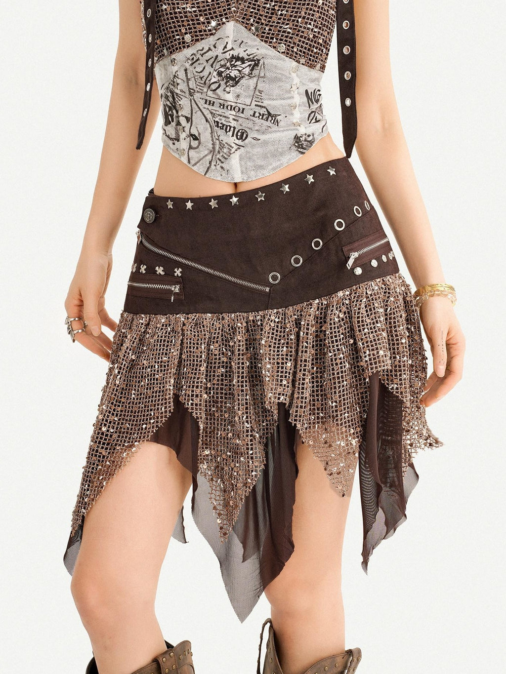 Nico Molly Y2k Studded Halter Crop Tassel Asymmetrical Print Women's Camel Top & Skirt Sets