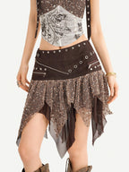 Nico Molly Y2k Studded Halter Crop Tassel Asymmetrical Print Women's Camel Top & Skirt Sets