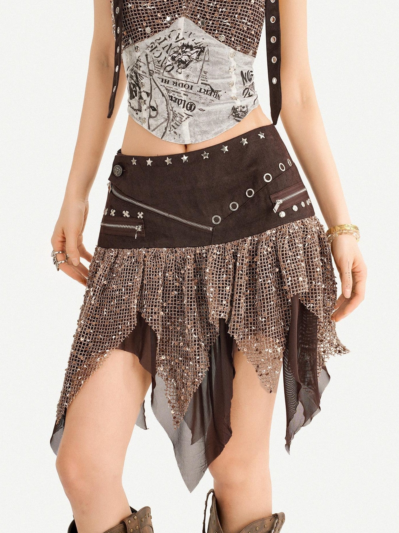Nico Molly Y2k Studded Halter Crop Tassel Asymmetrical Print Women's Camel Top & Skirt Sets