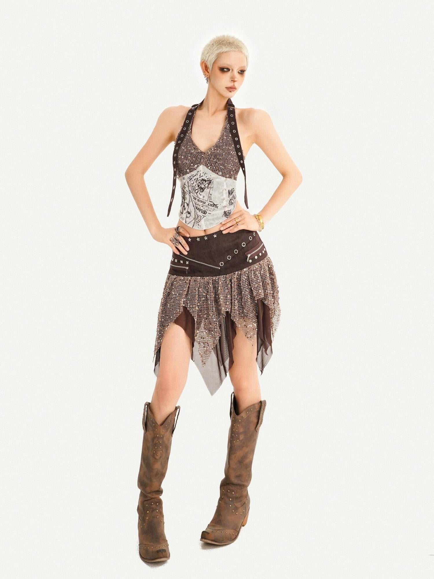 Nico Molly Y2k Studded Halter Crop Tassel Asymmetrical Print Women's Camel Top & Skirt Sets