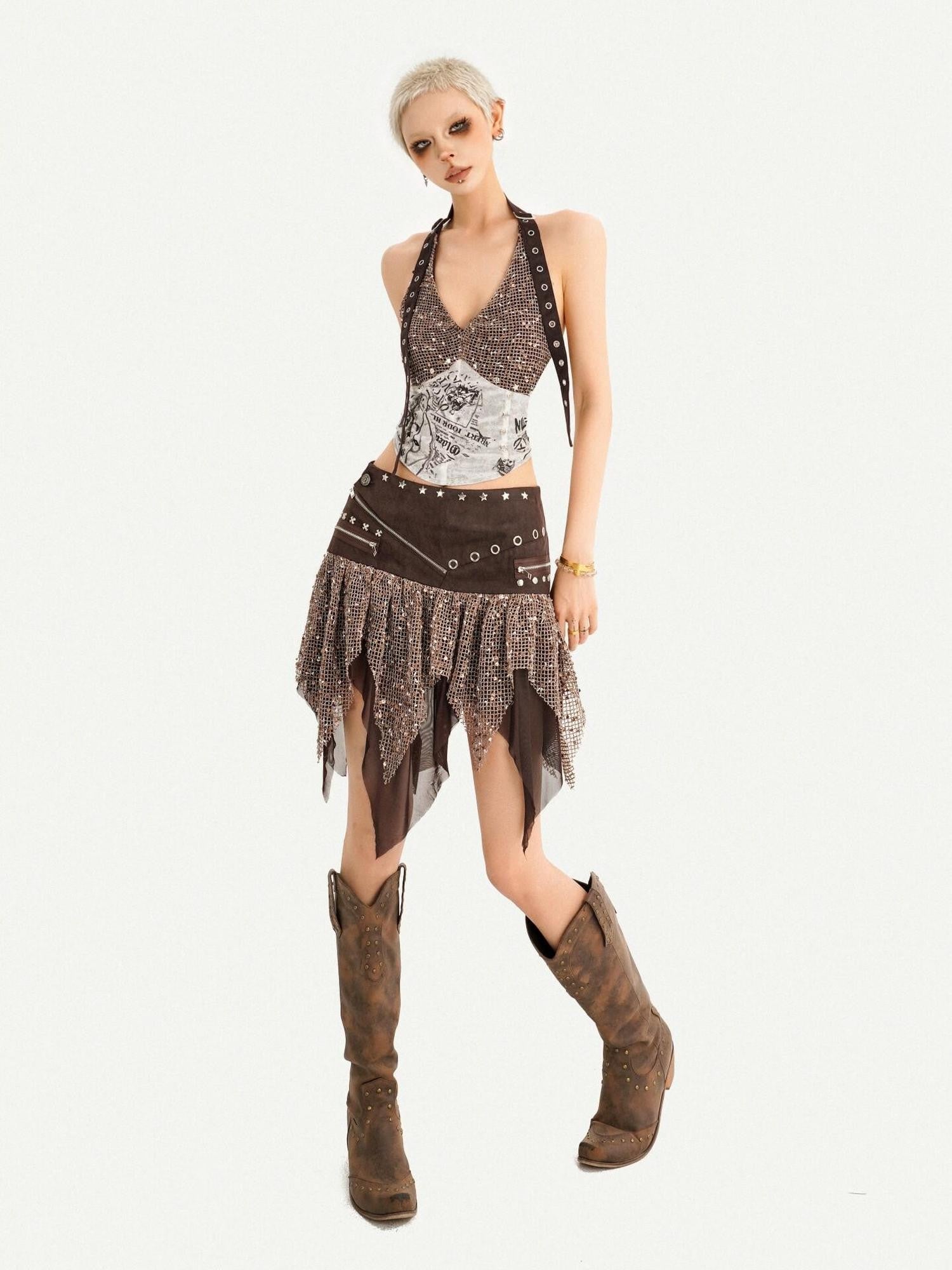 Nico Molly Y2k Studded Halter Crop Tassel Asymmetrical Print Women's Camel Top & Skirt Sets