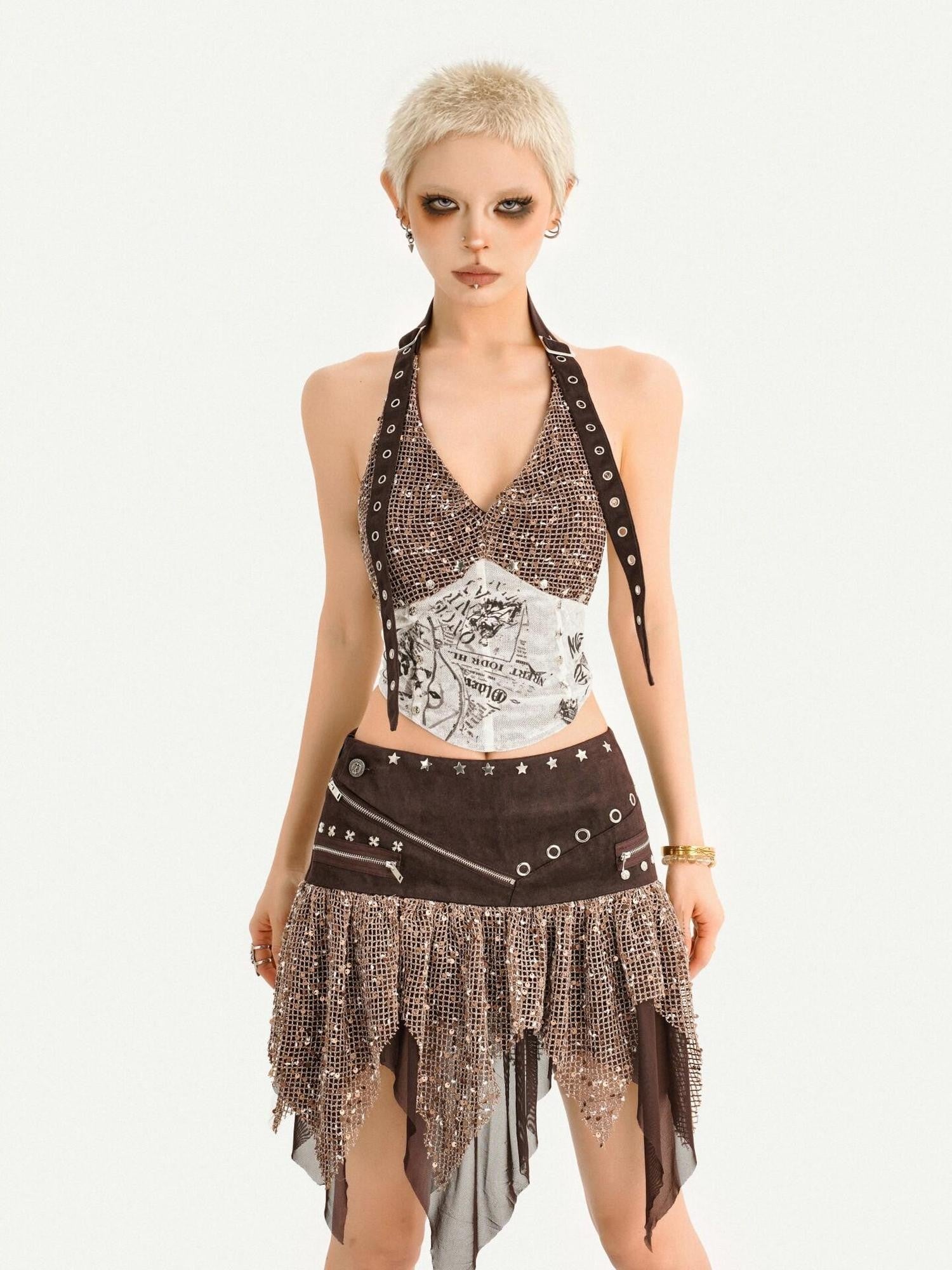 Nico Molly Y2k Studded Halter Crop Tassel Asymmetrical Print Women's Camel Top & Skirt Sets
