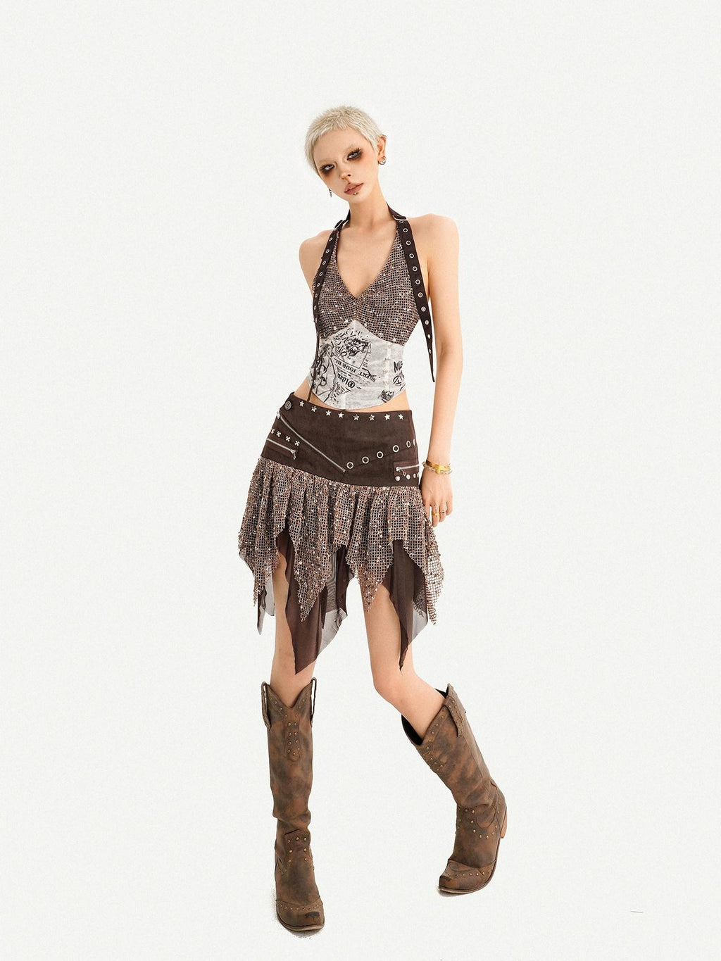 Nico Molly Y2k Studded Halter Crop Tassel Asymmetrical Print Women's Camel Top & Skirt Sets