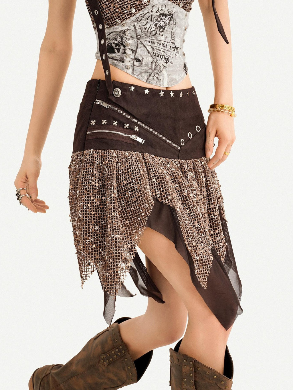 Nico Molly Y2k Studded Halter Crop Tassel Asymmetrical Print Women's Camel Top & Skirt Sets