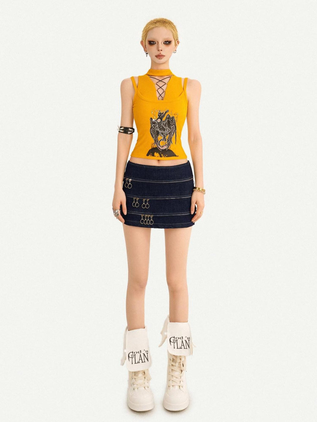 Nico Molly Yellow Printed Streetwear Halter Tie Padded Slim Women's Tank Tops