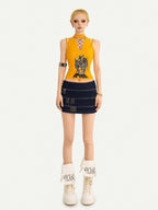 Nico Molly Yellow Printed Streetwear Halter Tie Padded Slim Women's Tank Tops