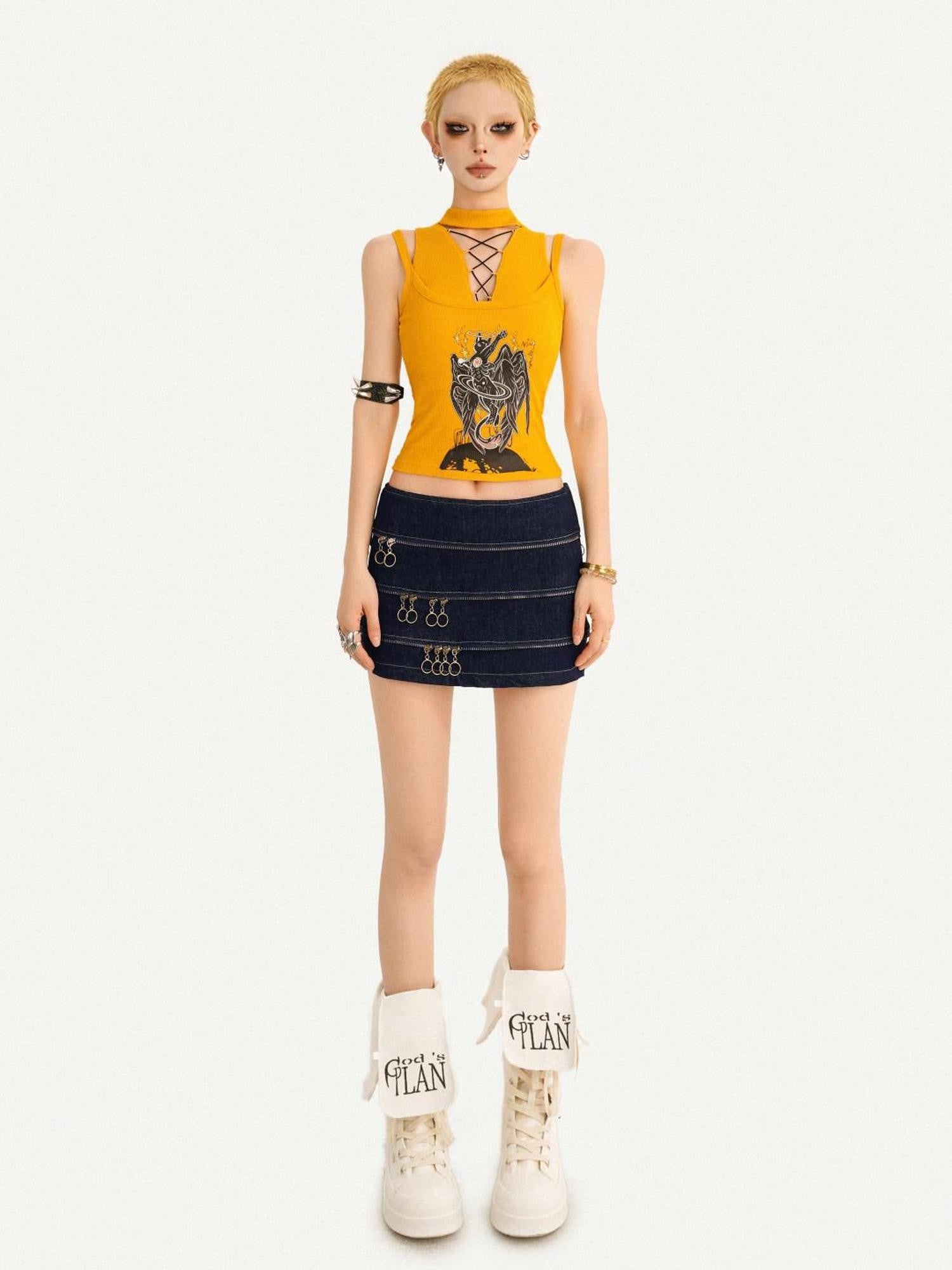 Nico Molly Yellow Printed Streetwear Halter Tie Padded Slim Women's Tank Tops