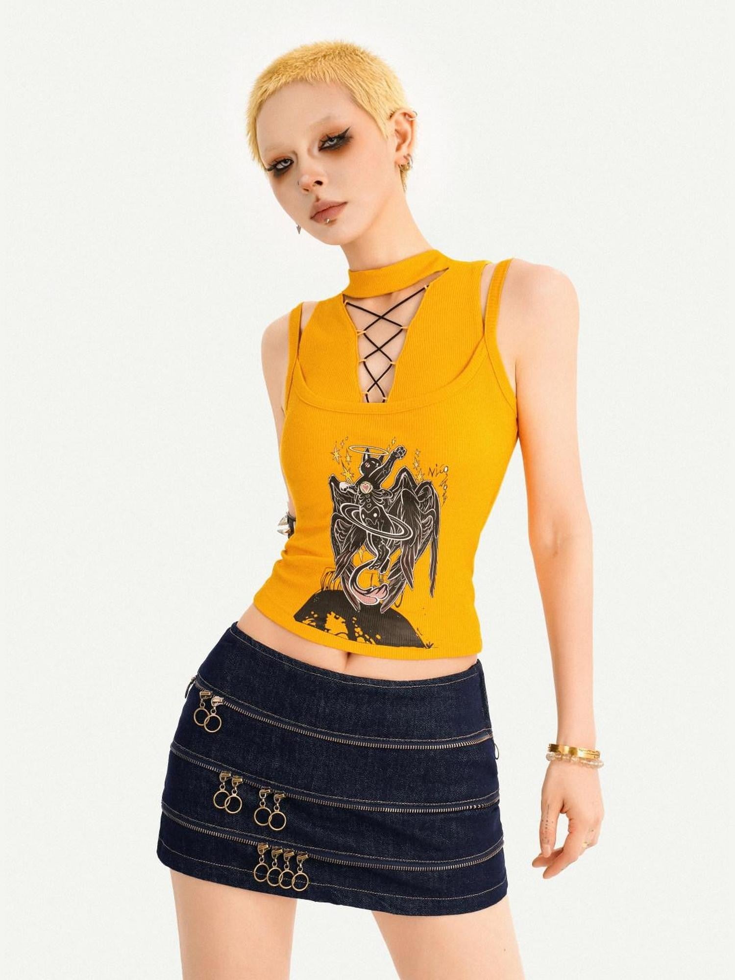 Nico Molly Yellow Printed Streetwear Halter Tie Padded Slim Women's Tank Tops