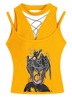 Nico Molly Yellow Printed Streetwear Halter Tie Padded Slim Women's Tank Tops