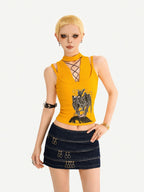 Nico Molly Yellow Printed Streetwear Halter Tie Padded Slim Women's Tank Tops