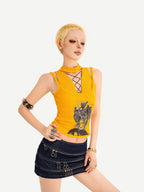Nico Molly Yellow Printed Streetwear Halter Tie Padded Slim Women's Tank Tops