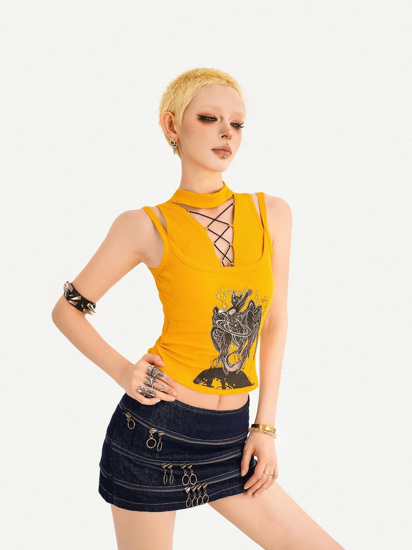 Nico Molly Yellow Printed Streetwear Halter Tie Padded Slim Women's Tank Tops