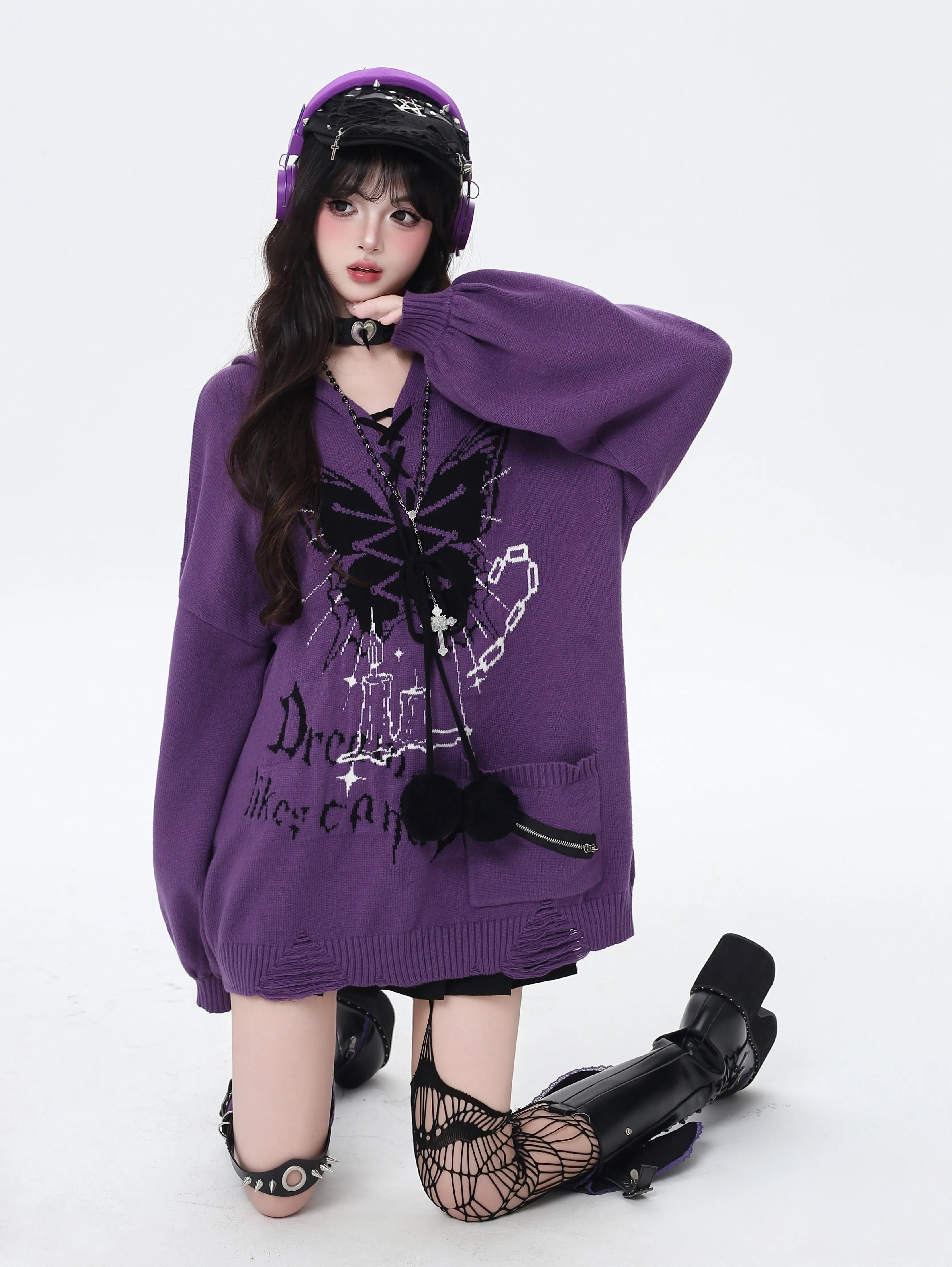 CRAZYGIRL_Hooded_V-neck_Lantern_Sleeve_Loose_Butterfly_Print_Bow_Women's_Sweaters_982530126655_MISSTT