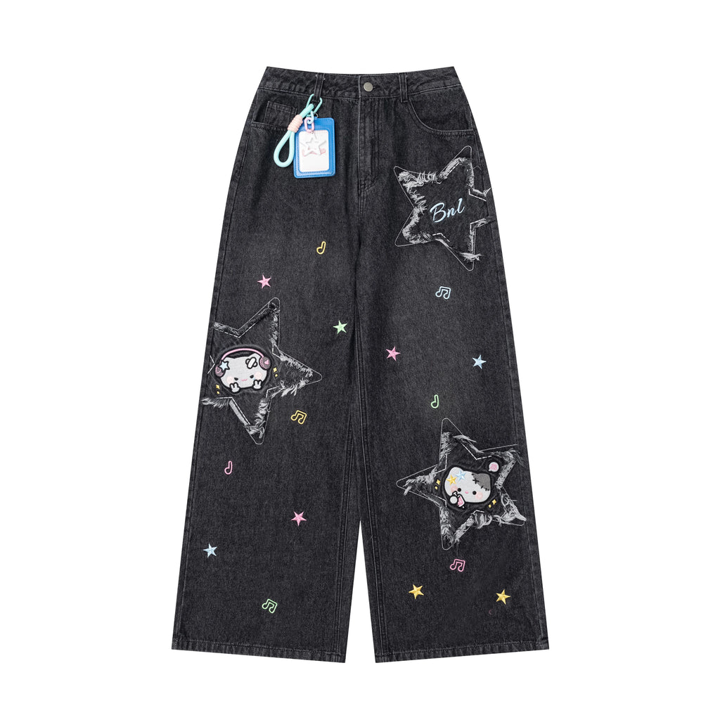 CRAZYGIRL_Cartoon_Cat_Star_Machine_Embroidered_Frayed_High_Waist_Women's_Wide-leg_Jeans_1059631540857_MISSTT
