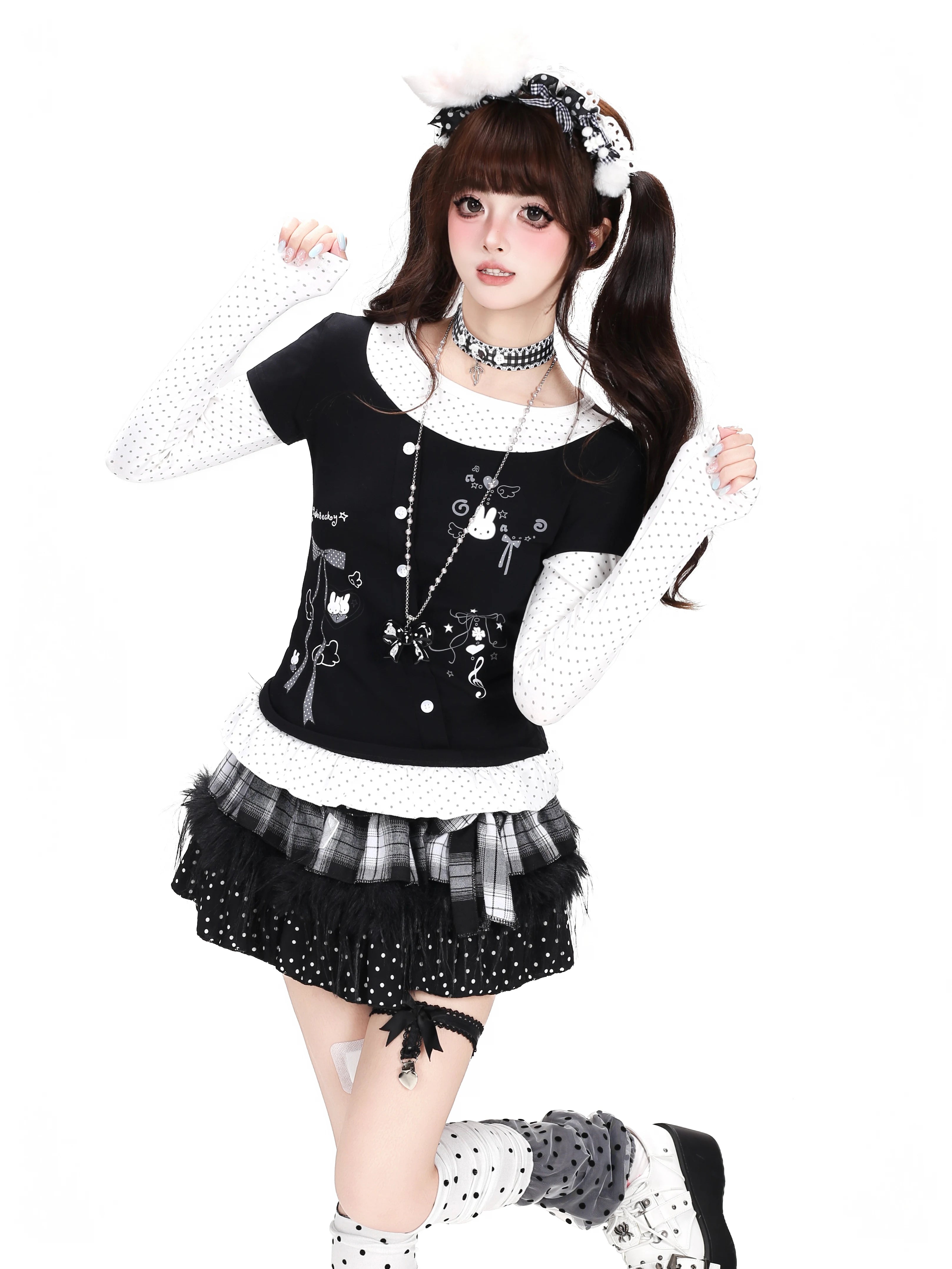 CRAZYGIRL_Tricolor_Polka_Dot_Spliced_Faux_Two_Piece_Bow_Slim_Women's_Long_Sleeve_T-shirts_1069170359773_MISSTT