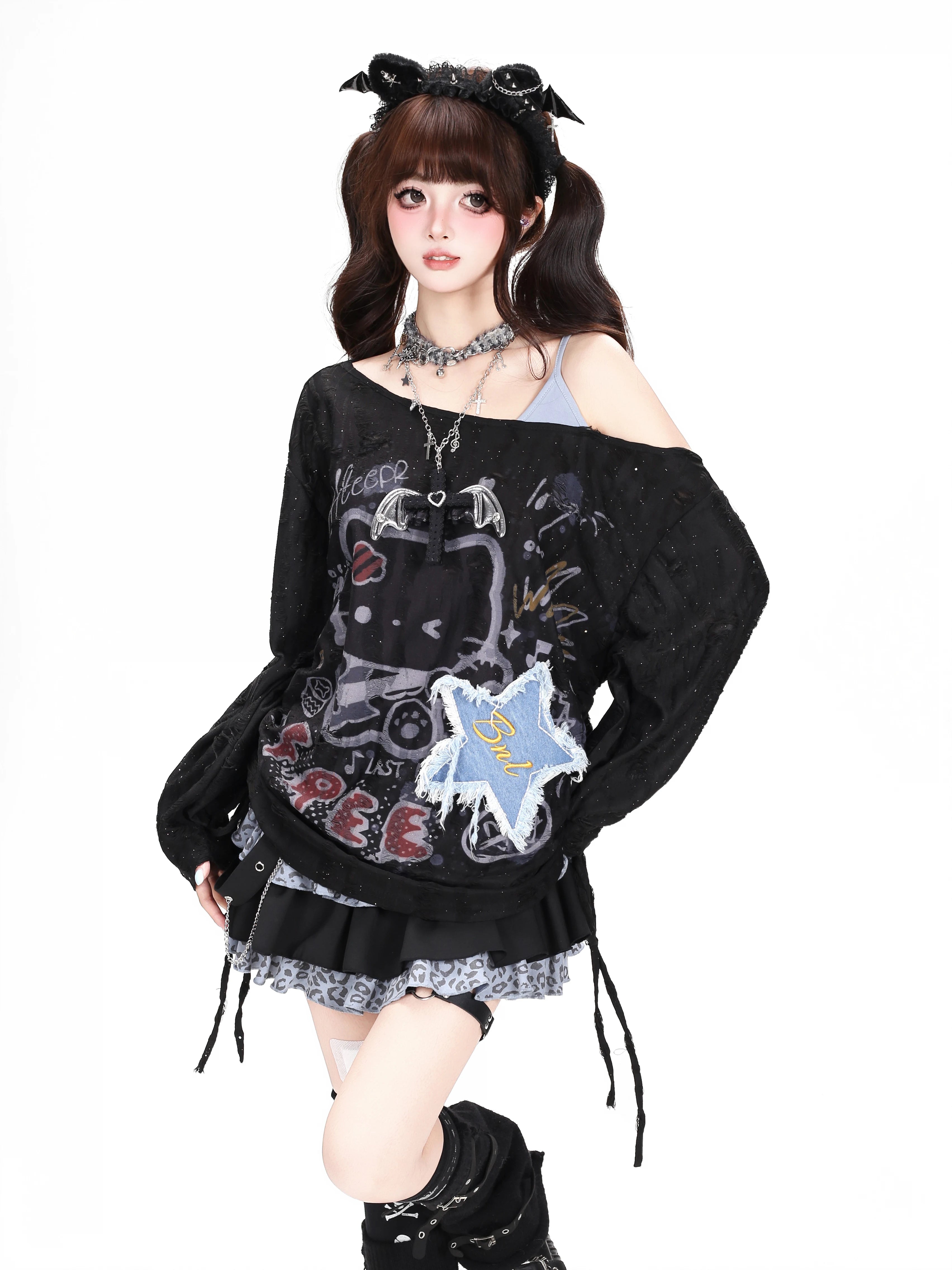 CRAZYGIRL_Graffiti_Ripped_Drawstring_Off_Shoulder_Patchwork_Women's_Long_Sleeve_T-shirts_1071028869770_MISSTT