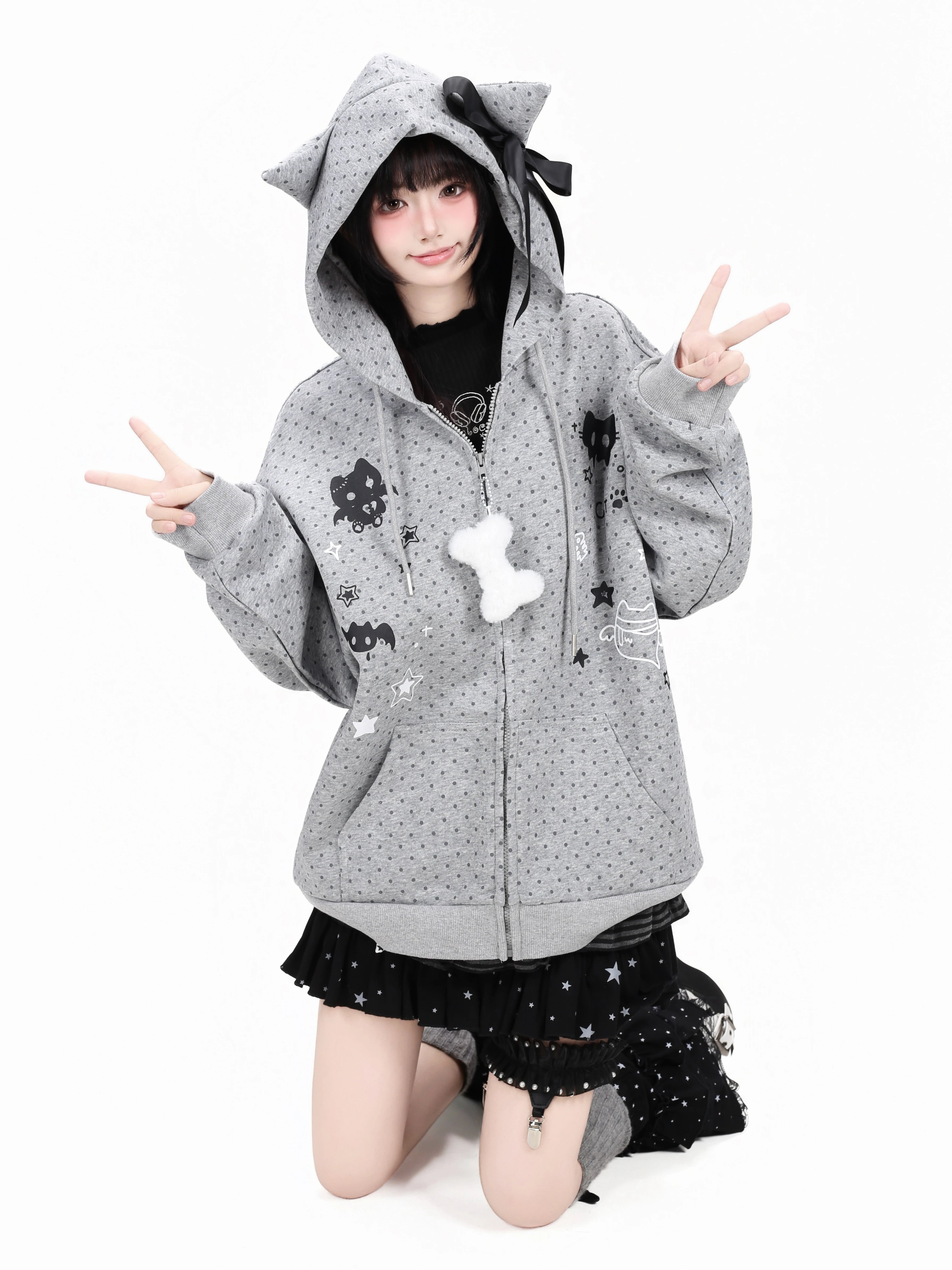 CRAZYGIRL_Polka_Dot_3d_Cat_Ear_Striped_Zippered_Loose_Women's_Other_Material_Hoodies_1069774664746_MISSTT