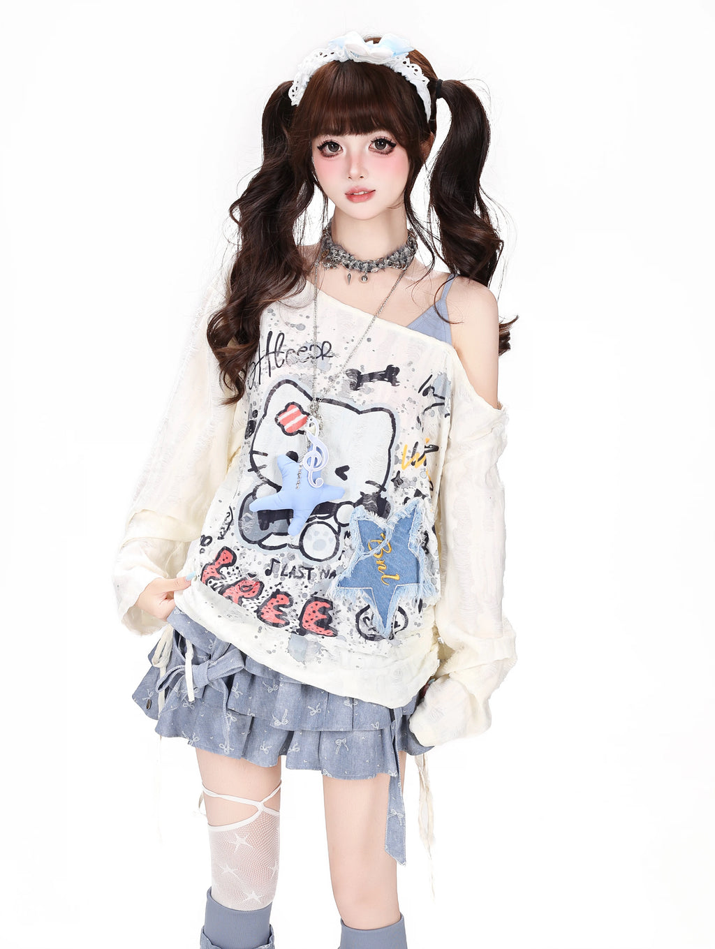 CRAZYGIRL_Graffiti_Ripped_Drawstring_Off_Shoulder_Patchwork_Women's_Long_Sleeve_T-shirts_1071028869770_MISSTT