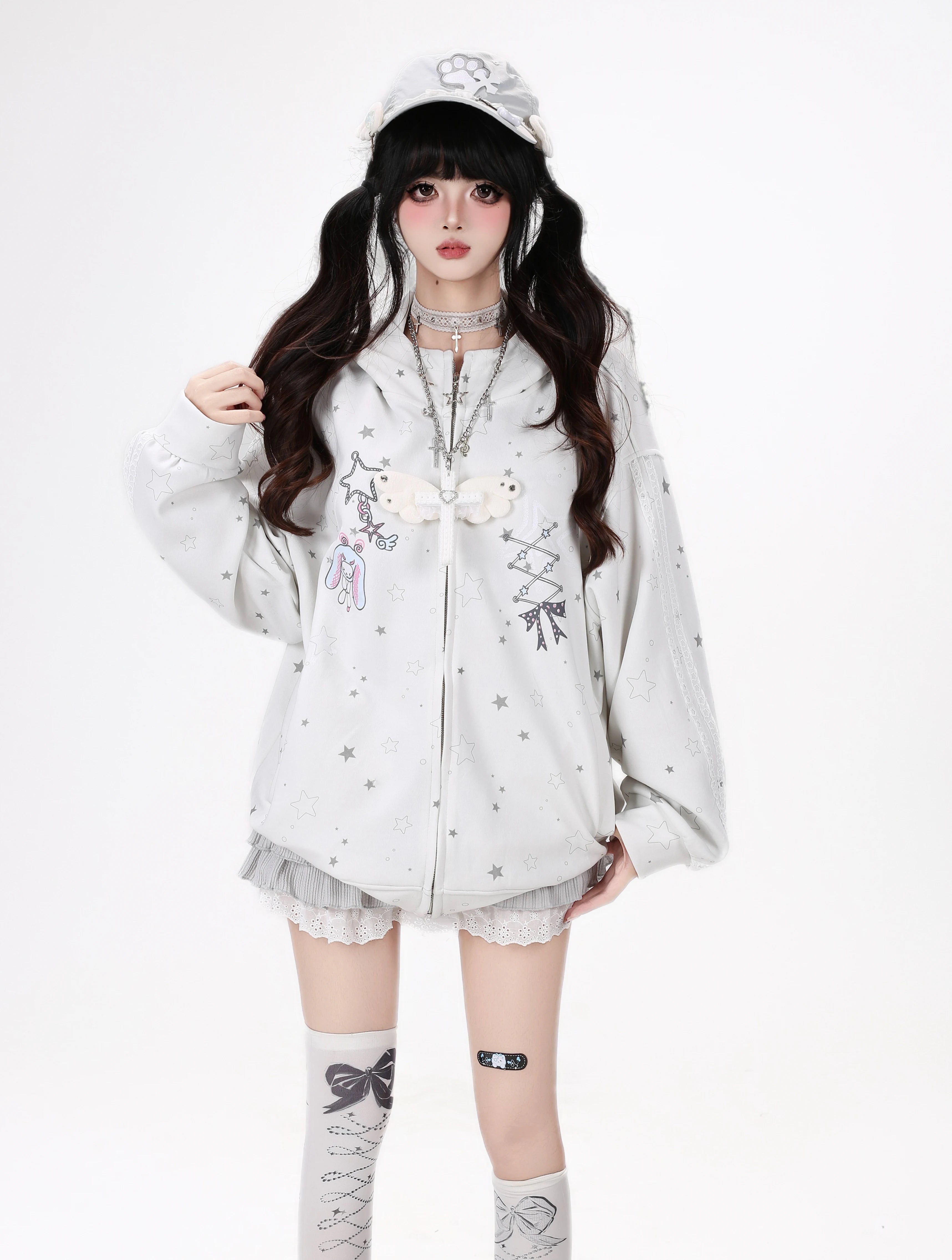CRAZYGIRL_Rabbit_Ear_Star_Print_Zip_Hooded_Oversized_Loose_Women's_Hoodies_1061961831535_MISSTT