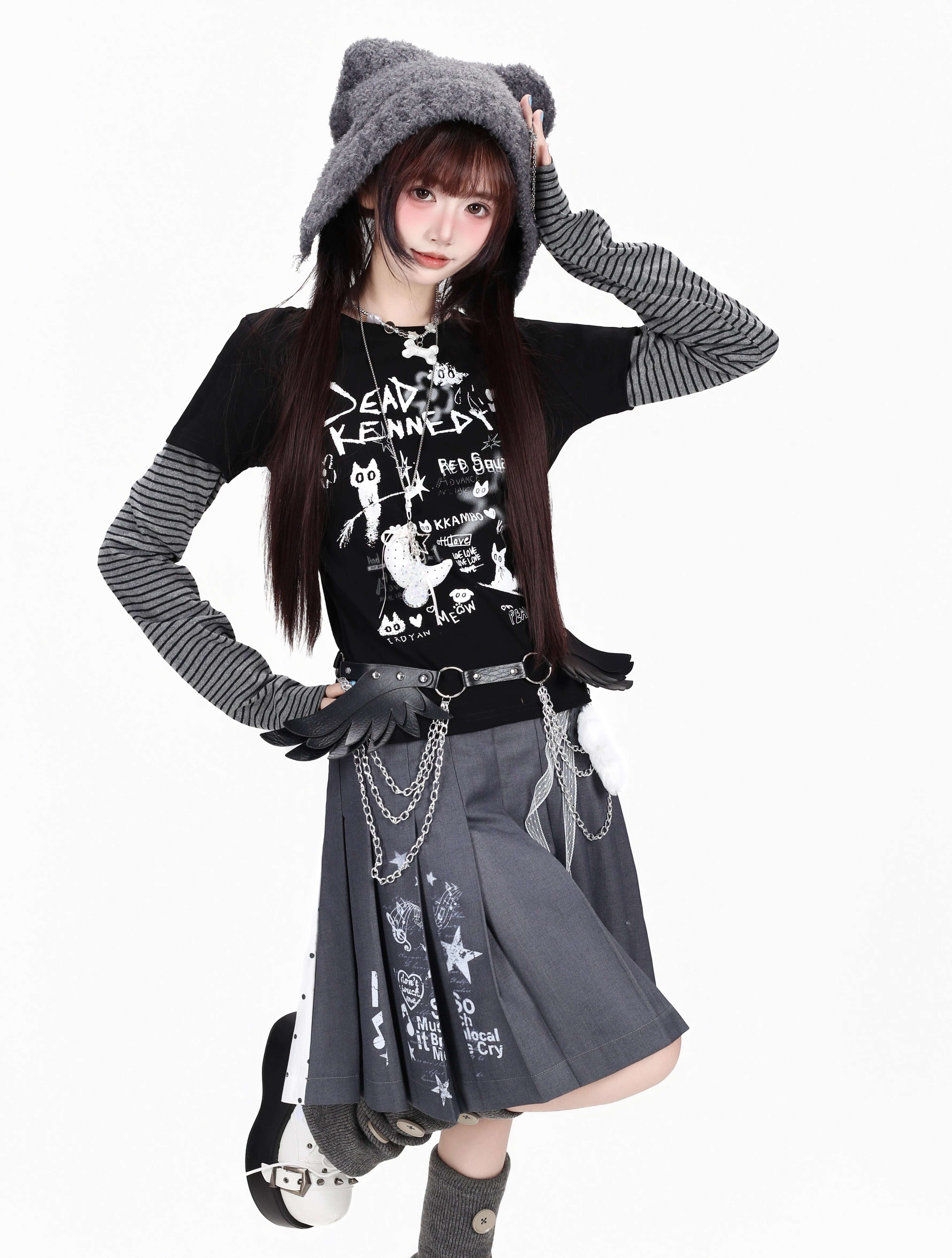 CRAZYGIRL_Letter_Graffiti_Kitten_Colorblock_Striped_Faux_Women's_Long_Sleeve_T-shirts_1061947707390_MISSTT