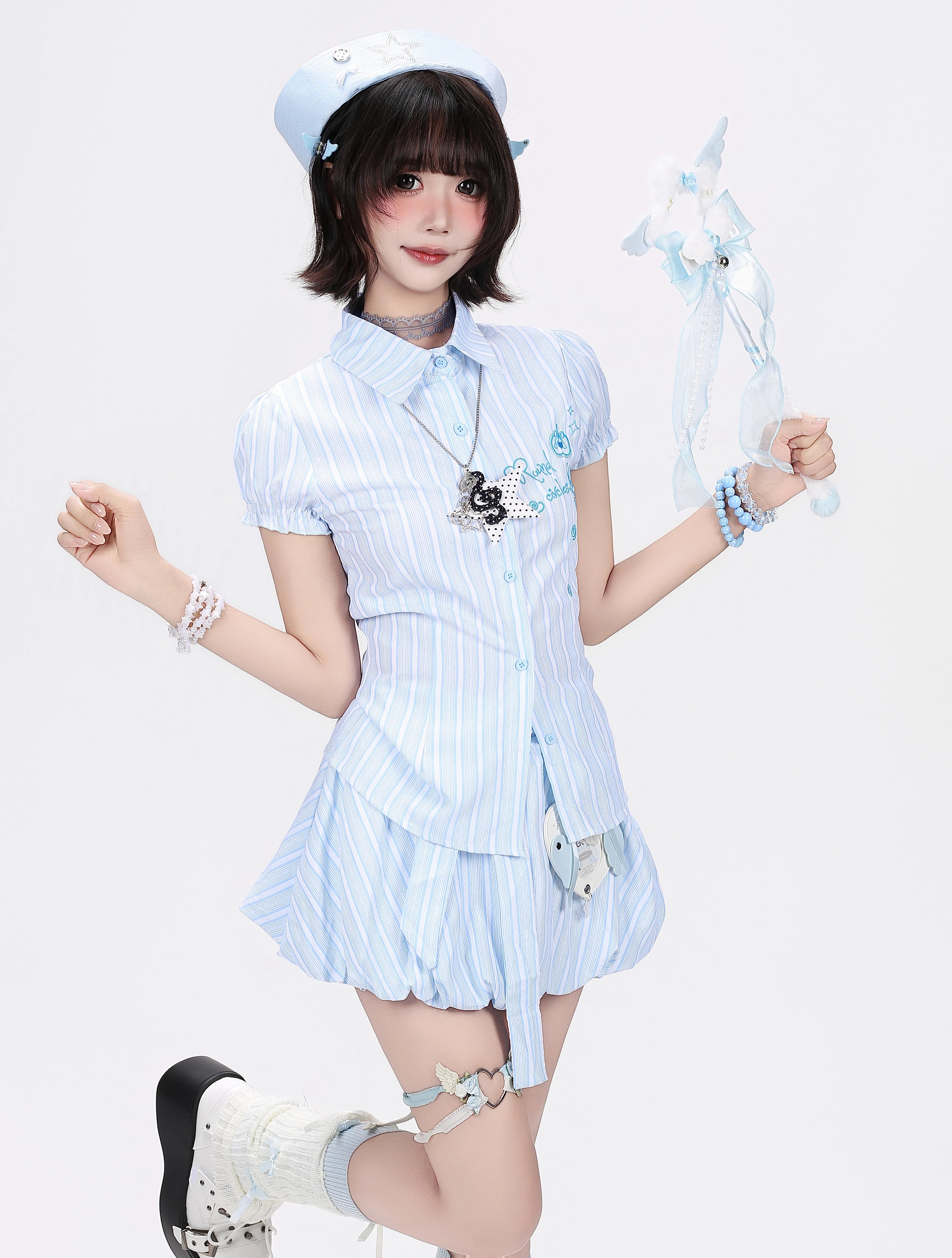 CRAZYGIRL_Blue_White_Striped_Puff_Sleeve_Embroidered_Waist_Cinch_Collared_Women's_Blouses_1054728940466_MISSTT